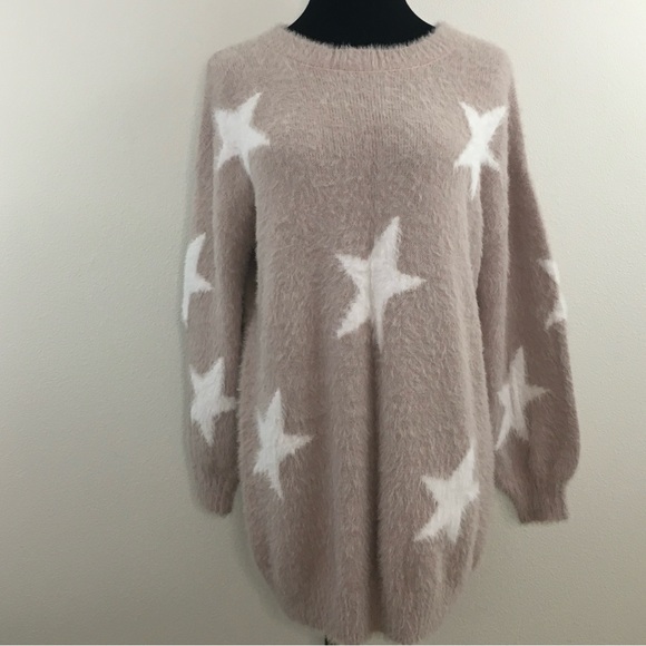 Pink & White Crew Neck Oversized Sweater with Star Pattern - Picture 4 of 10